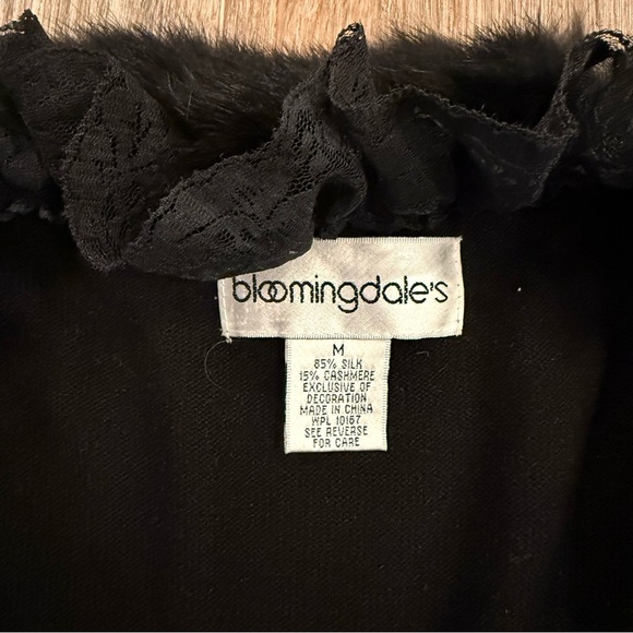 Vtg Bloomingdale’s Cardigan Women’s M Black Cashmere Silk Fur Lace Trim Y2K 90s - Picture 5 of 8